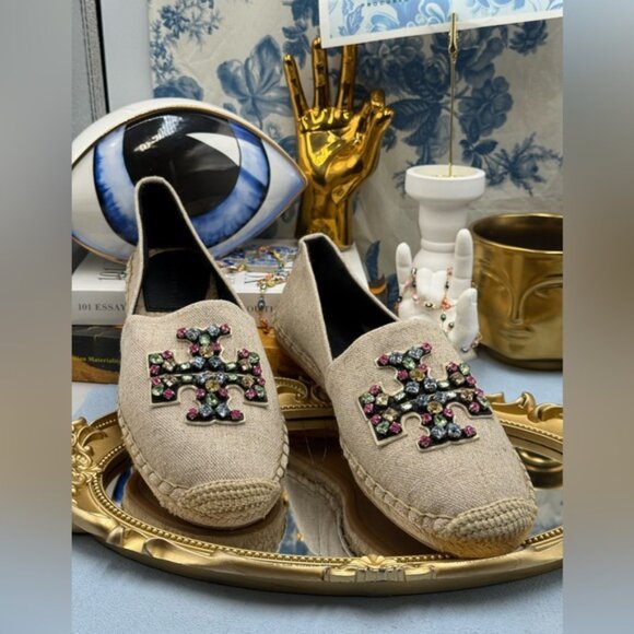🆕 TORY BURCH 🧿 NWOB Ines Linen & Leather Bejewelled Espadrilles - Sz  9 M - Picture 3 of 13